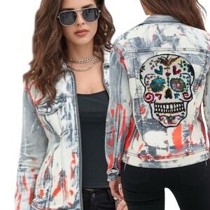 Your Adventure Oversized Sequin Sugar Skull Denim Jacket Customize with Travel!